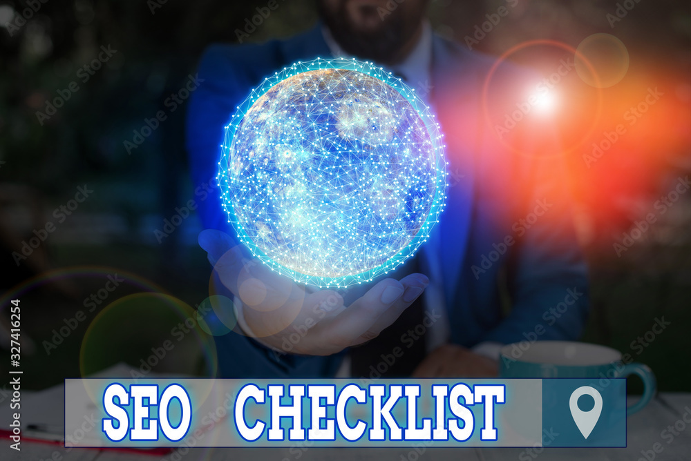 Poster word writing text seo checklist. business photo showcasing list of items required to optimize the se