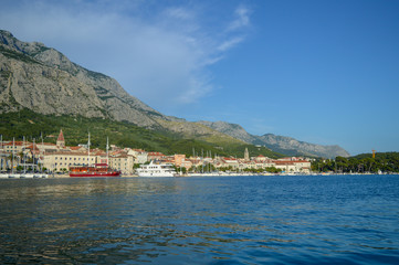 Panoramic view of Makarska city center from the sea in Makarska, Croatia on June 17, 2019.