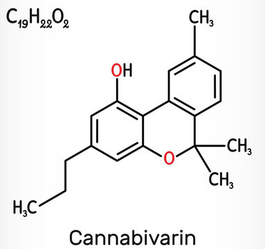 Cannabivarin, CBV molecule. It is natural product found in Cannabis sativa, is non-psychoactive cannabinoid. Skeletal chemical formula