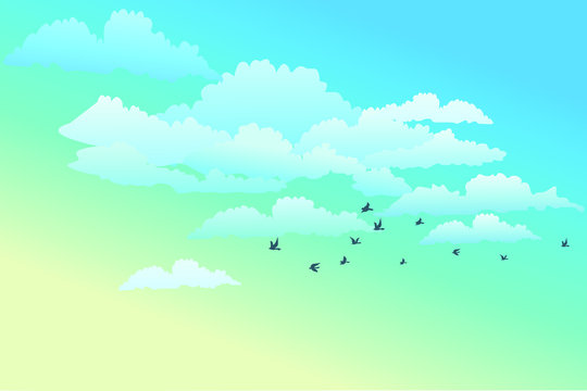 White and transparent clouds on the blue sky with flying birds