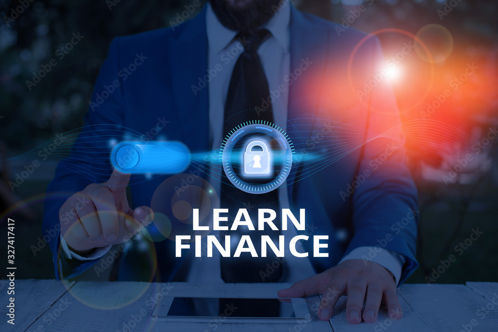 Aufkleber text sign showing learn finance. business photo text study which figures out how showing and busines