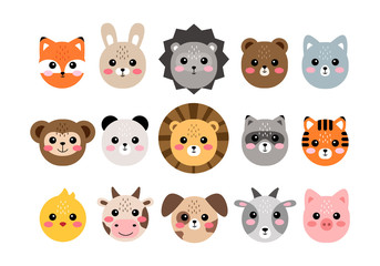 Cute animal faces. Hand drawn characters vector illustration