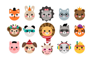 Kawaii set cute animal portraits vector illustration