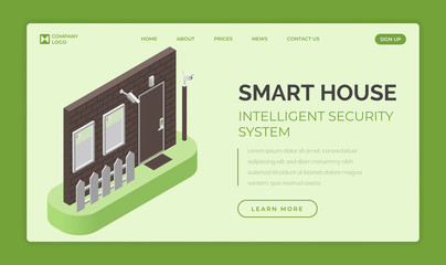 Smart house, intelligent security system landing page vector template. Access control and alarm system concept.