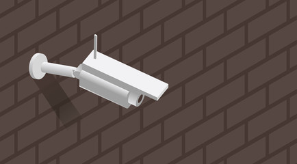 White surveillance camera on the brick wall isometric vector illustration.