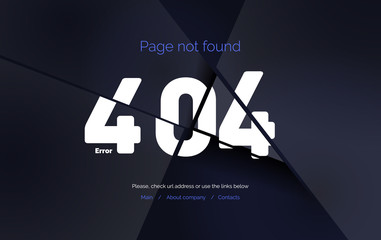 Error 404. Web page template, page not found. Page 404 broken into pieces. Vector illustration on a black background.
