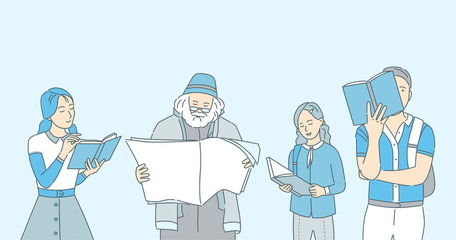 People reading books, newspapers and magazines vector cartoon illustration.