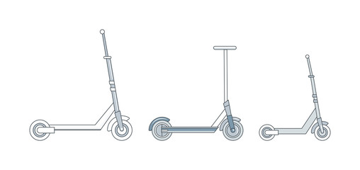 Set of different kick scooters, urban wheels, personal transportation gadgets, eco-friendly vehicles.