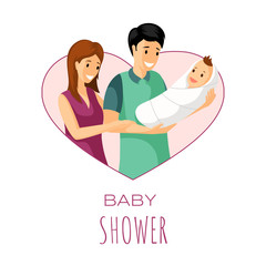 Baby shower invitation card design. Mother, father and child, parenting, love, happy parents day card concept.