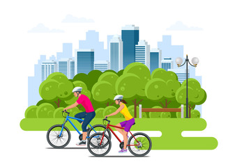 Family outdoor activity. Happy family concept. Healthy Lifestyle Outdoor. Bicycle isometric people.