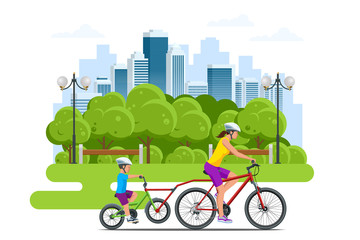Family outdoor activity. Happy family concept. Healthy Lifestyle Outdoor. Bicycle isometric people.