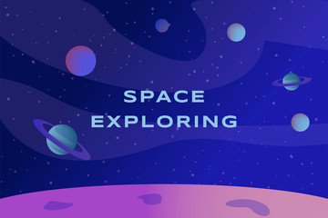 Space exploring vector banner design. Planet landscape, surface of the planet with craters.