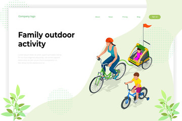 Fototapeta premium Family outdoor activity. Happy family concept. Healthy Lifestyle Outdoor. Bicycle isometric people.