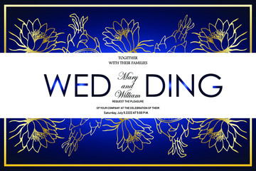Wedding card with dark blue background and golden tropical flowers. eps10 vector stock illustration.