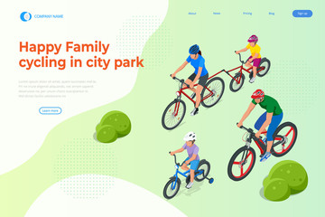 Fototapeta na wymiar Family outdoor activity. Happy family concept. Healthy Lifestyle Outdoor. Bicycle isometric people.