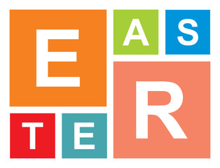 Text-decoration congratulation with Easter. The letters E A S T E R are inscribed in multi-colored squares. Vector illustration.
