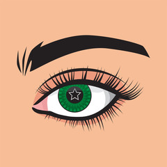 Beautiful big eye of a woman with long lashes. Makeup, pink cosmetic shadows. The star is displayed in the pupil. Vector illustration. Beauty, image, beauty. Women's style. Green eyes.