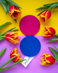 8 march, international woman's day, eight from felt round with red tulips on yellow purple background