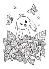 Cute easter bunny in flowers doodle coloring book page. Hand Drawn black and white sketch. Antistress coloring book page for adults.
