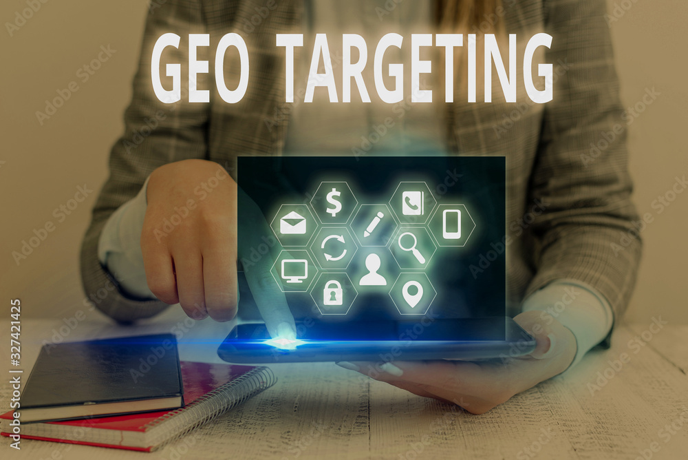 Poster word writing text geo targeting. business photo showcasing method of determining the geolocation of 