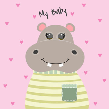 Happy cute cartoon hippopotamus. Kawaii modern flat style.