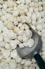 Frozen semi-finished products-dumplings. Products are scattered in the refrigerator