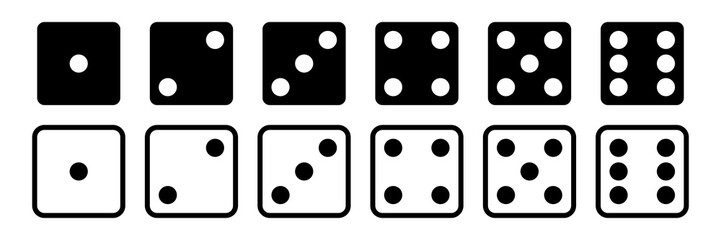 Dice vector set of icons. Gambling collection. Dice isolated black icon. Gamble chance leisure.