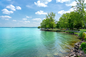 relaxation peaceful landscape at the coast of Lake Balaton Hungary with turquoise clean water