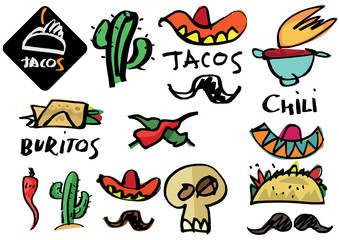 Set of graffiti like hand made calligraphy logo and stickers for MEXICAN FOOD and cuisine. Sketches and free line. Templates for menu, merchandise, cafe and restaurant decorations.
