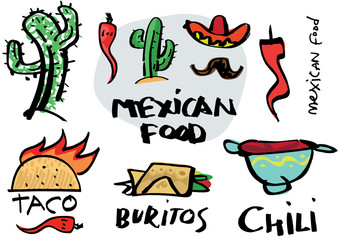 Set of graffiti like hand made calligraphy logo and stickers for MEXICAN FOOD and cuisine. Sketches and free line. Templates for menu, merchandise, cafe and restaurant decorations.