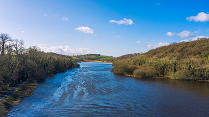 Fototapeta na wymiar aerial view of sunny quoile river winter countryside in Downpatrick,Northern Ireland