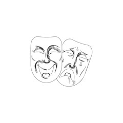 Two ancient traditional greek game human masks costume isolated on white background concept picture sign sketchy in retro artistic graphic style