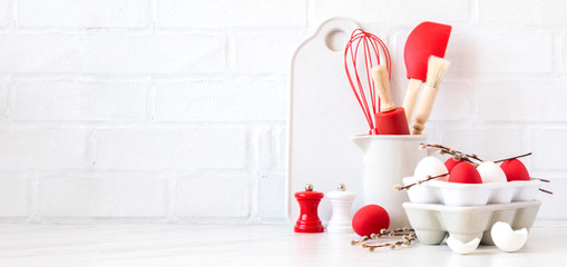 Easter Background for baking with ingredients for cooking. Traditional Easter decoration