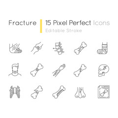 Bone fracture X-ray scan pixel perfect linear icon. Patient medical record. Broken bone treatment. Thin line customizable illustration. Contour symbol. Vector isolated outline drawing. Editable stroke