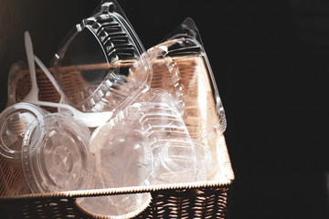 Eco friendly fast food and drink biodegradable containers from recycle paper with plastic . climate change and environment saving concept .Top view