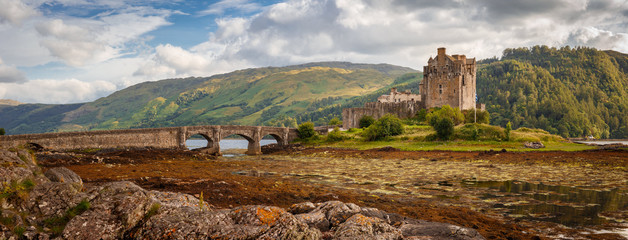 Eilean Donan Castle from 13th century in the centre of three lochs - Alsh, Duich, Long, in Dornie, Kyle of Lochalsh, Scotland, UK