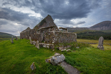 Obraz premium Abandoned Old Church of Kilchrist (Cill Chriosd) in Broadford, Scottish Highlands, Isle of Skye, Scotland, UK