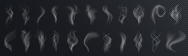 Set of realistic transparent smoke or steam isolated in white and gray colors, fog and mist effect. Collection of white smoke steam, waves from tea, coffee, hot food, cigarettes - stock vector