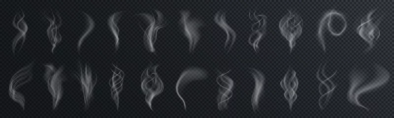 Deurstickers Set of realistic transparent smoke or steam isolated in white and gray colors, fog and mist effect. Collection of white smoke steam, waves from tea, coffee, hot food, cigarettes - stock vector © dlyastokiv
