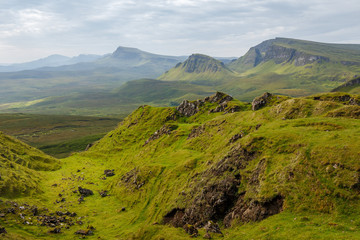The Quiraing – Destination with easy and advanced mountain hikes with beautiful scenic views on the Isle of Skye, Portree, Scotland, UK