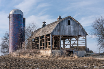 A large old wooden barn that is being taken apart, to salvage the barn siding. Timbers and framing are visible, along with a large brick silo © Kimberly Boyles