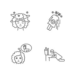 Early pregnancy symptom pixel perfect linear icons set. Lady with dizziness. Sick from food poisoning. Customizable thin line contour symbols. Isolated vector outline illustrations. Editable stroke