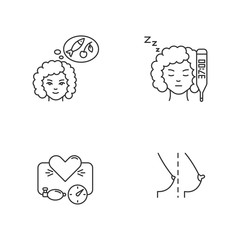 Early pregnancy symptom pixel perfect linear icons set. Raised basal temperature. High blood pressure. Customizable thin line contour symbols. Isolated vector outline illustrations. Editable stroke