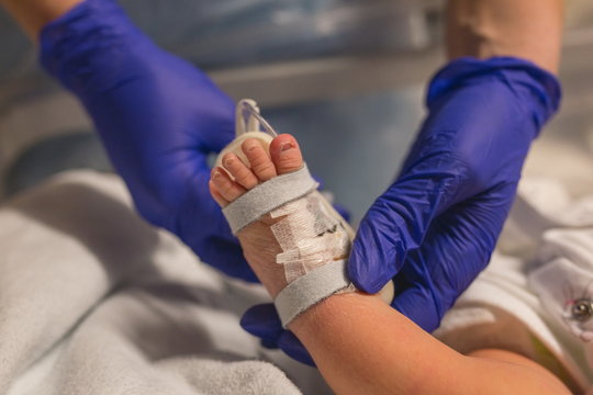 Coronavirus. Covid-19. Doctor checking newborn baby. Vaccination virus midwife giving antibiotics to newborn baby. Small baby having antibodies check. Newborn baby in hospital. Focus on Feet. Sepsis