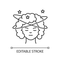 Dizziness pixel perfect linear icon. Stroke in head. Overworked lady. Vertigo experience. Thin line customizable illustration. Contour symbol. Vector isolated outline drawing. Editable stroke