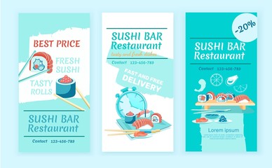 Sushi Bar Ads Flyer Flat Vector Templates Set