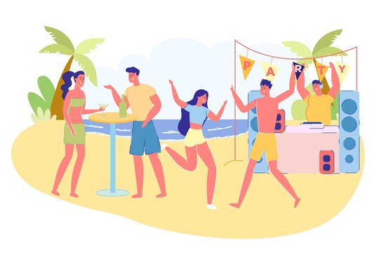 Beach Party for Young Tourists, Flat Illustration.