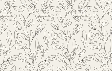 Wallpaper murals One line Seamless floral pattern with one line flowers. Vector hand drawn illustration.