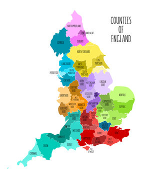 Hand drawn map of England with counties. Colorful hand drawn vector illustration