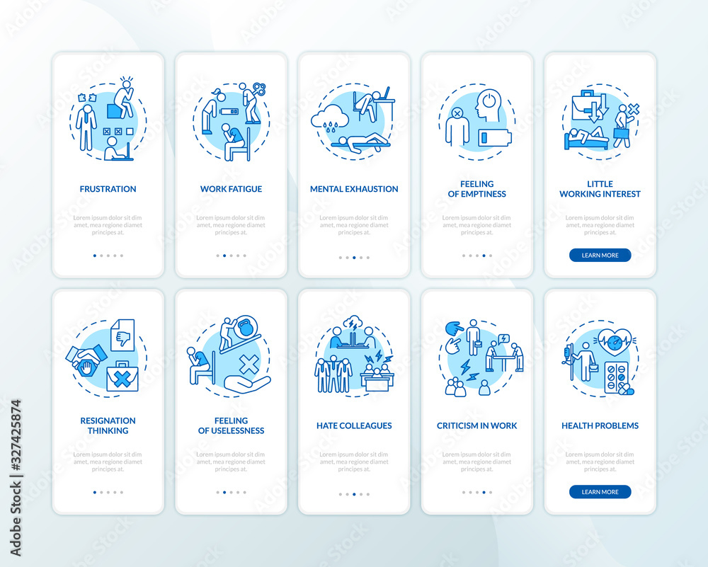 Poster burnout onboarding mobile app page screen with concepts. problems at work. health issue. overworked 